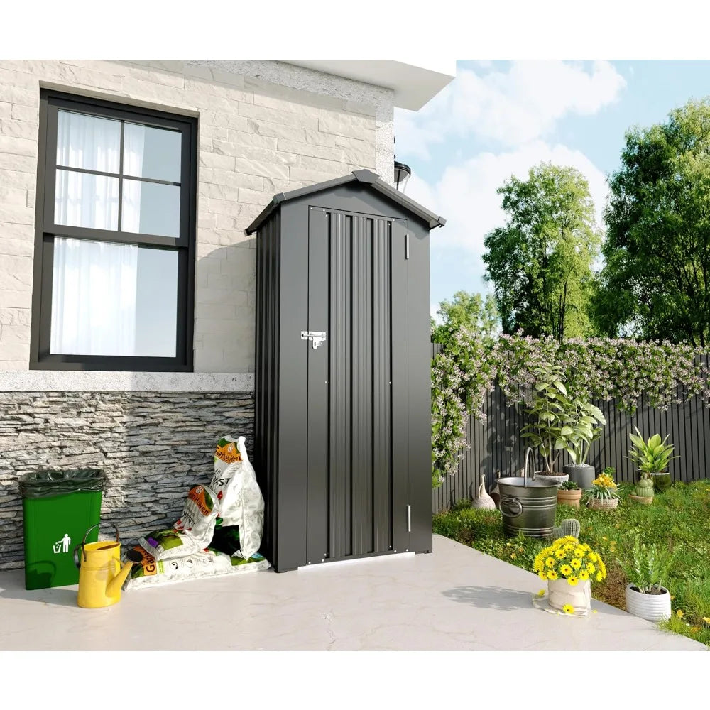 Outdoor Storage Shed, 69.7''x16.9''x29.5'' Metal Tool Shed with Sloping Roof & Lockable Door, Small Shed, Top Tall Vertical Too