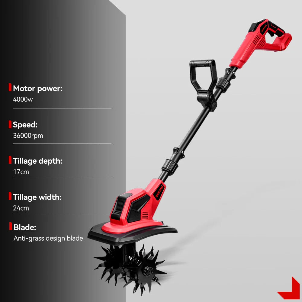 ONEVAN 4000W Electric Tiller Cultivator Portable Grass Trimmer Cordless Garden Soil Turning Prunning Tool For Makita Battery Pin
