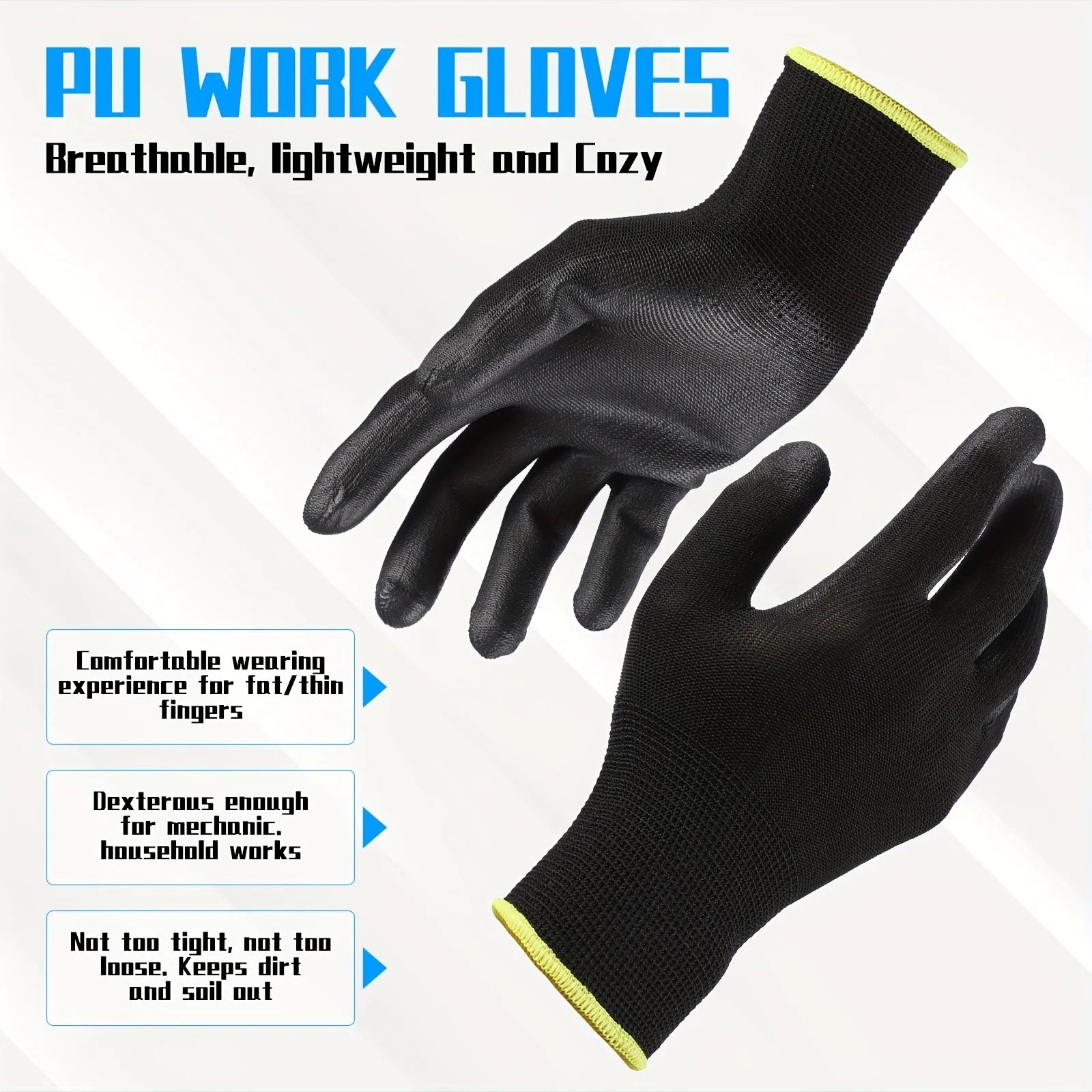 Black Gloves with Yellow Elastic Cuffs - Durable Palm Coating, Ambidextrous -Outdoor Activities,Outdoor Gloves|Breathable Gloves