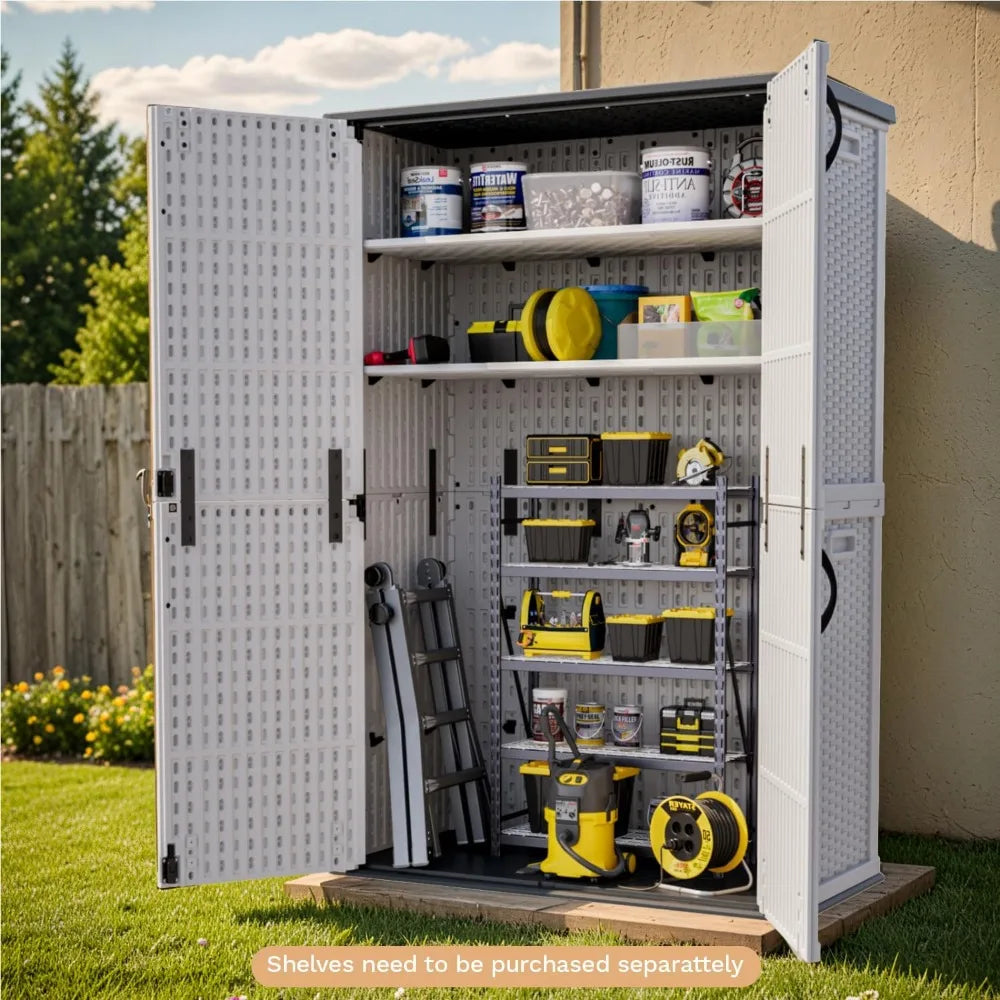 Large Outdoor Waterproof Plastic Storage Shed, 50 Cubic Feet Capacity, Lockable Vertical Garden Tool Storage Cabinet