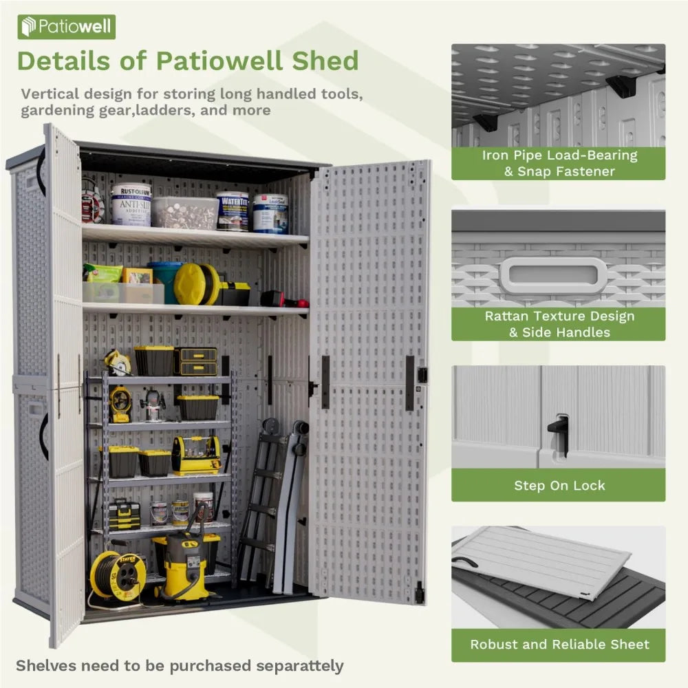 Large Outdoor Waterproof Plastic Storage Shed, 50 Cubic Feet Capacity, Lockable Vertical Garden Tool Storage Cabinet